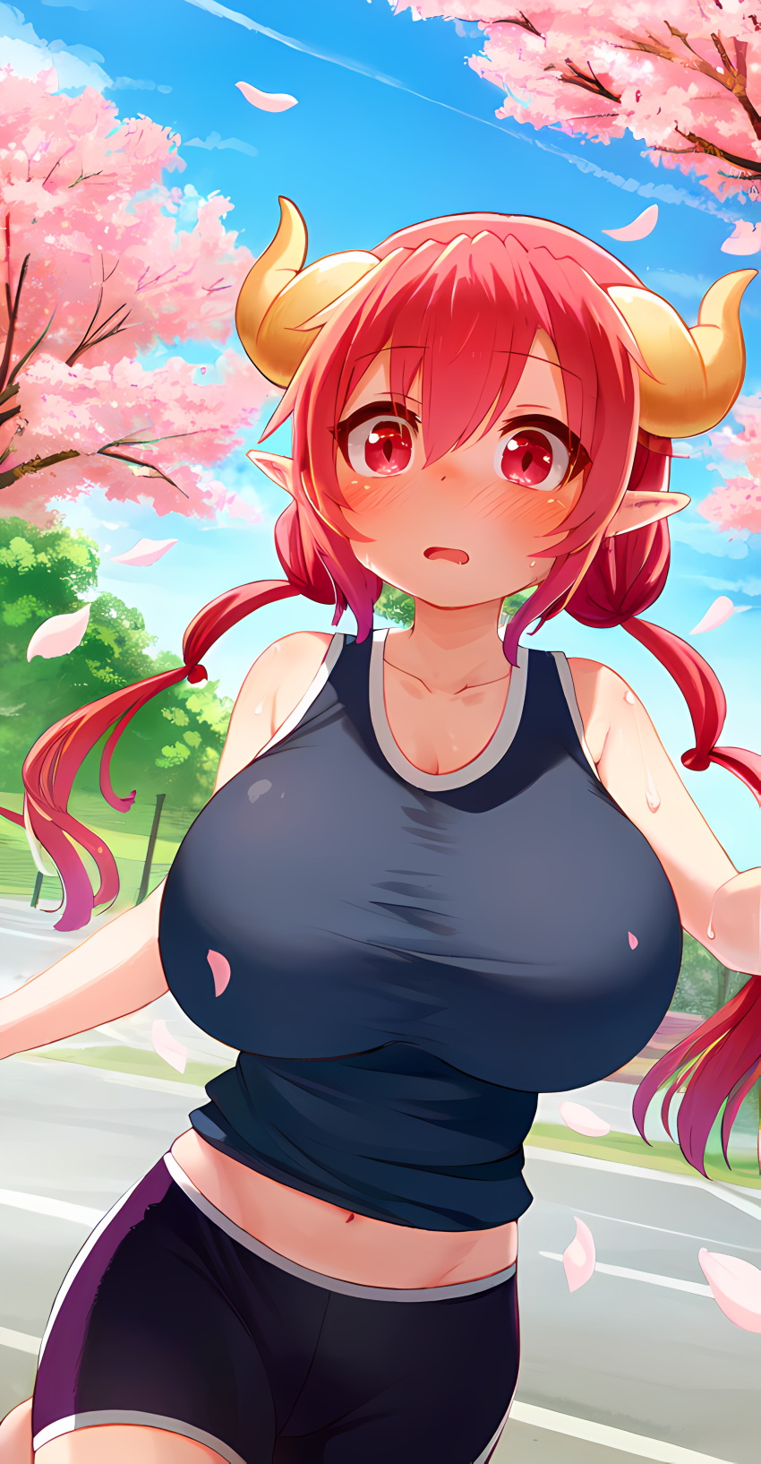 ai_generated blush cherry_blossoms curled_horns ilulu_(dragon_maid) kobayashi-san_chi_no_maidragon large_breasts long_hair open_mouth park pointy_ears red_eyes red_hair running sports_bra sportswear stable_diffusion surprised twintails wet