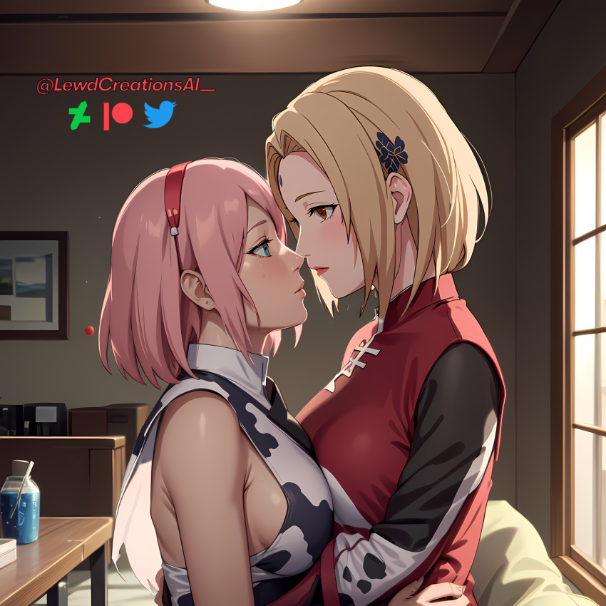 2girls ai_generated blonde_hair boruto:_naruto_next_generations brown_eyes couple cow_print embrace embracing embracing_another female female_only forehead_jewel forehead_mark green_eyes haruno_sakura lewdcreationsai looking_at_another multiple_girls naruto naruto_(series) naruto_shippuden pink_hair sakura_haruno sideboob tsunade yuri