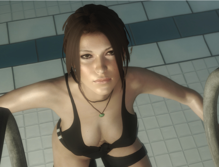 3d breasts brown_eyes brown_hair cavalorn13 crossover female lara_croft lara_croft_(survivor) ponytail pool screenshot skyrim swimsuit tagme the_elder_scrolls tomb_raider tomb_raider_(survivor) water