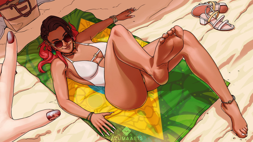 1girls apex_legends ass azuma_yasuo azumaarts big_ass braided_hair braided_twintails brazilian dark-skinned_female dark_skin loba loba_(apex_legends) loba_andrade looking_at_viewer medium_breasts realistic respawn_entertainment swimsuit tanline tanlines tattoo thick_thighs thong