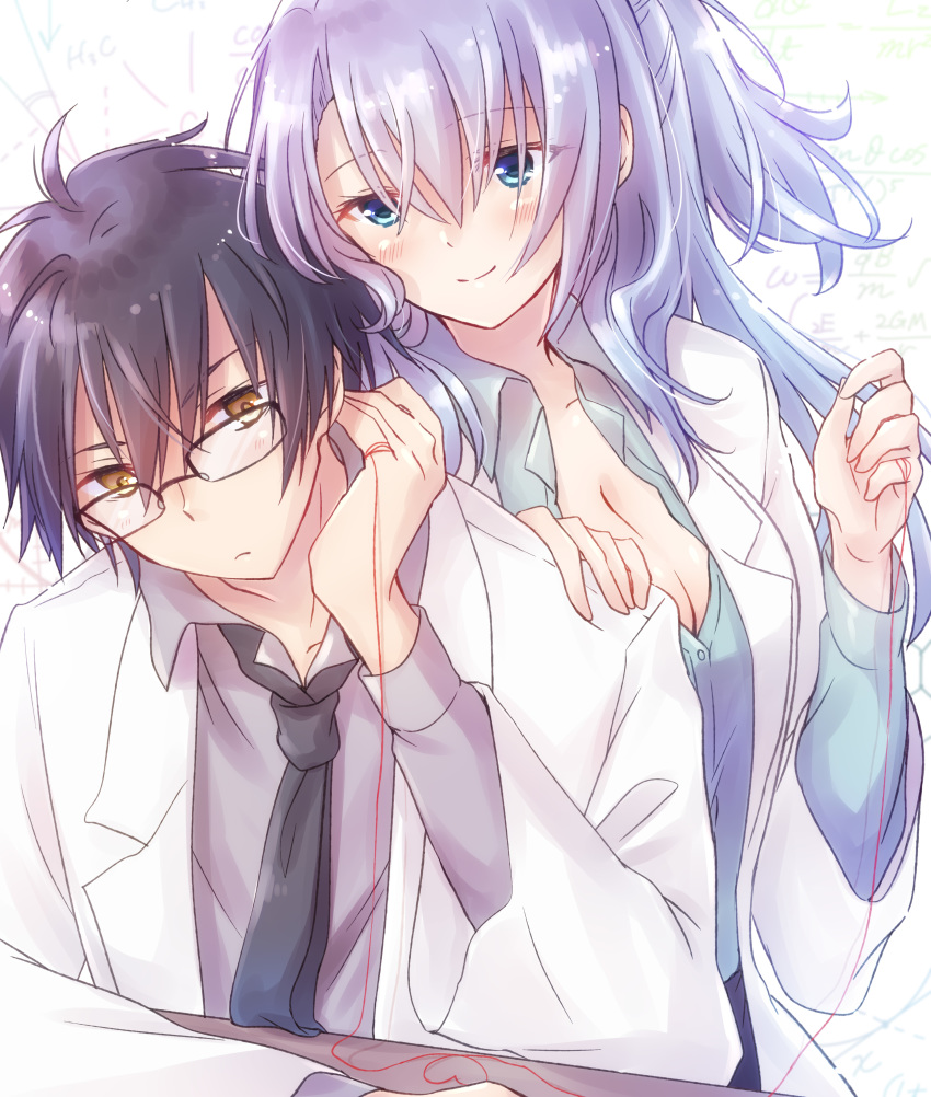 1boy absurdres ahoge black_hair blue_eyes blue_hair breasts cleavage commentary female glasses hand_on_another's_shoulder highres himuro_ayame lab_coat long_hair necktie nyaa_(nnekoron) ponytail purple_hair rikei_ga_koi_ni_ochita_no_de_shoumeishitemita short_hair string string_of_fate yellow_eyes yukimura_shinya