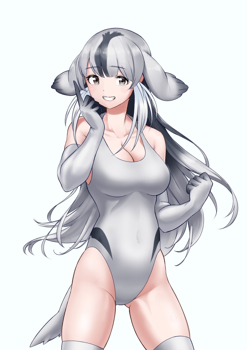 bare_shoulders bearded_seal_(kemono_friends) black_hair blush commentary_request cowboy_shot elbow_gloves female flippers gloves grey_eyes grey_gloves grey_hair grey_one-piece_swimsuit grey_thighhighs grin highres kemono_friends looking_at_viewer losmal_indicus multicolored_hair one-piece_swimsuit sleeveless smile solo swimsuit thighhighs zettai_ryouiki