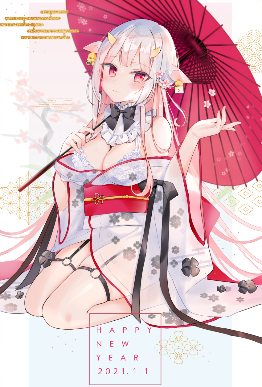 2021 absurdres animal_ears bare_shoulders black_bow black_bowtie blush bow bowtie bra breasts chinese_zodiac cleavage closed_mouth cow_ears cow_girl cow_horns detached_collar egasumi female flower full_body gradient_hair hair_flower hair_ornament happy_new_year highres holding holding_umbrella horns japanese_clothes kimono kimono_pull kneeling long_sleeves looking_at_viewer medium_breasts moko_(mokochisa) multicolored_hair new_year o-ring obi off_shoulder oil-paper_umbrella original pink_eyes pink_hair sash see-through smile solo thigh_strap umbrella underbust underwear white_bra white_hair white_kimono wide_sleeves year_of_the_ox