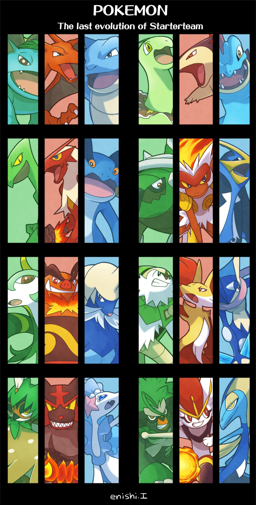 absurdres animal_ear_fluff bad_id bad_pixiv_id beak bird black_background blastoise blaziken charizard chesnaught cinderace commentary_request copyright_name decidueye delphox emboar empoleon english_text feather_hair feathers feraligatr furry green_feathers greninja highres incineroar infernape inteleon looking_at_viewer meganium owl plume pokemon pokemon_(creature) primarina rillaboom samurott sceptile serperior signature simple_background starter_pokemon_trio swampert torterra typhlosion venusaur white_feathers winged_arms wings yukari_(yukari21653710)