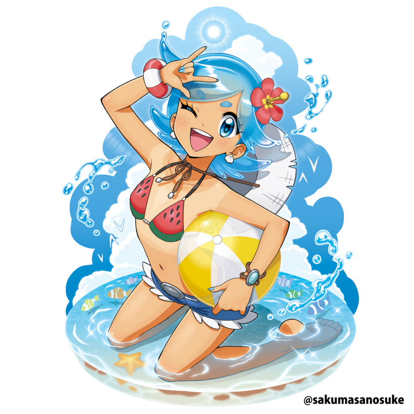 ;d aqua_hair aqua_nails ball beachball bikini bikini_top_only blush breasts clownfish commentary_request denim denim_shorts earrings english_commentary female fish flower food_print hair_flower hair_ornament hat hat_on_back hibiscus highres jewelry kneeling looking_at_viewer mixed-language_commentary natsuko_(sakuma_sannosuke) one_eye_closed original print_bikini red_flower sakuma_sanosuke shallow_water shell shell_earrings short_shorts shorts simple_background small_breasts smile solo starfish straw_hat swimsuit tan tanlines translucent translucent_hair tropical_fish water watermelon_print white_background