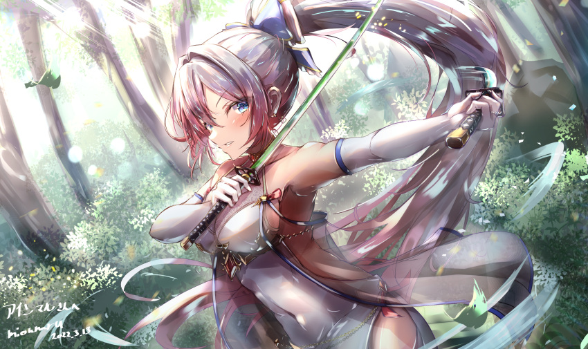 absurdres blue_eyes bow breasts cleavage covered_navel dappled_sunlight dated drop_earrings dual_wielding earrings elbow_gloves female forest gloves grey_hair hai_0013 hairbow highres holding holding_sword holding_weapon jewelry katana large_breasts long_hair nature original outstretched_arm parted_lips ponytail revealing_clothes side_slit signature sunlight sword tree weapon white_gloves