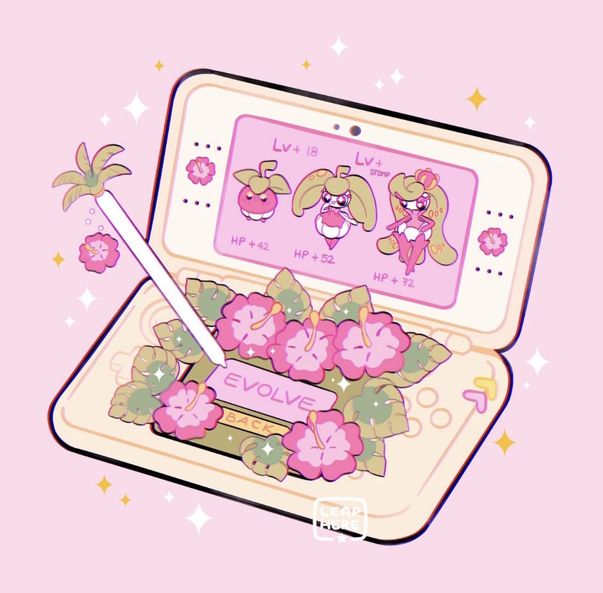 artist_name bounsweet buttons commentary flower hand_up leaf leaphere monster_girl new_nintendo_3ds pink_background pink_flower plant_girl pokemon signature simple_background smile sparkle steenee stylus tsareena