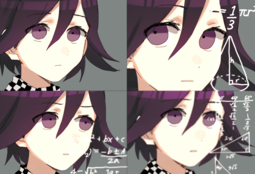 1boy absurdres bad_id bad_twitter_id blurry checkered_clothes checkered_scarf closed_mouth commentary danganronpa_(series) danganronpa_v3:_killing_harmony dot_nose english_commentary eyes_visible_through_hair grey_background hair_between_eyes highres male_focus math math_lady_(meme) meme multiple_views oma_kokichi parted_lips purple_eyes purple_hair scarf simple_background trigonometry tsu_(lovesick1964)