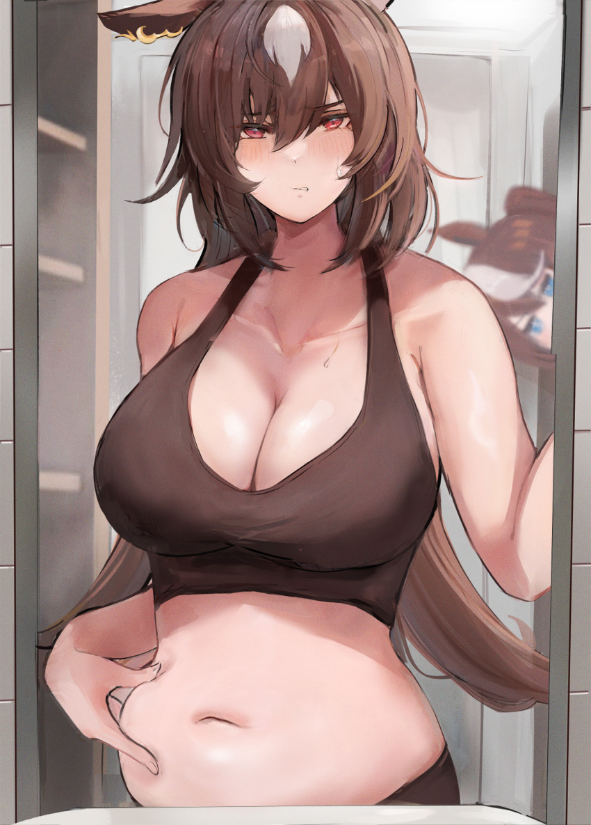 2girls absurdres animal_ears blue_eyes blush breasts brown_hair cleavage collarbone highres horse_ears horse_girl huge_breasts inaba_(usanopo) indoors long_hair mirror multicolored_hair multiple_girls navel plump red_eyes sirius_symboli_(umamusume) solo_focus streaked_hair tank_top tokai_teio_(umamusume) umamusume weight_conscious