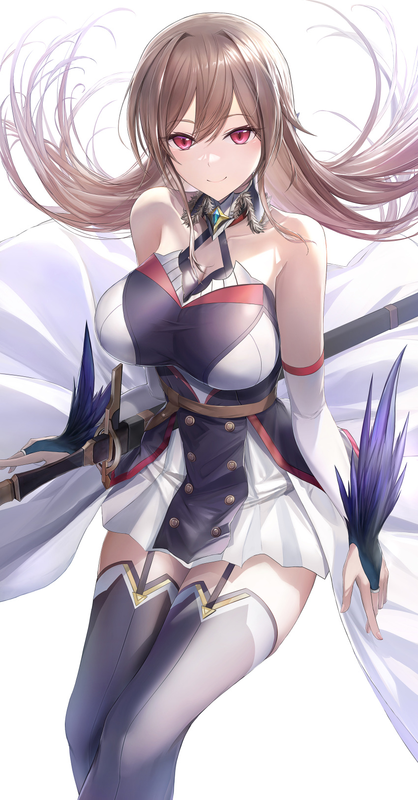 absurdres breasts brown_hair collarbone detached_sleeves female furen_e_lustario furen_e_lustario_(1st_costume) halterneck highres large_breasts looking_at_viewer morichika_shuuto nijisanji red_eyes sheath sheathed sitting skirt smile solo sword thighhighs virtual_youtuber weapon white_skirt