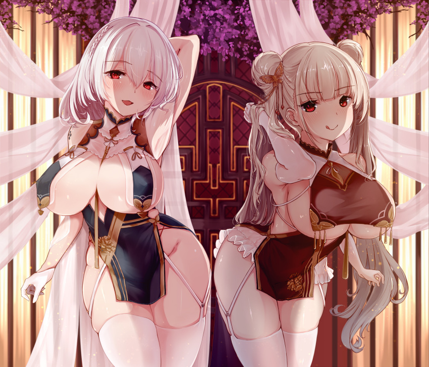 2girls alternate_costume azur_lane black_dress blush braid breast_curtains breasts china_dress chinese_clothes dress elbow_gloves flower formidable_(azur_lane) garter_straps gloves grey_hair hair_between_eyes hair_ornament highres large_breasts long_hair looking_at_viewer multiple_girls official_alternate_costume red_eyes revealing_clothes rhineheim short_hair sirius_(azur_lane) sirius_(azure_horizons)_(azur_lane) thighhighs tongue tongue_out very_long_hair white_gloves white_hair white_thighhighs