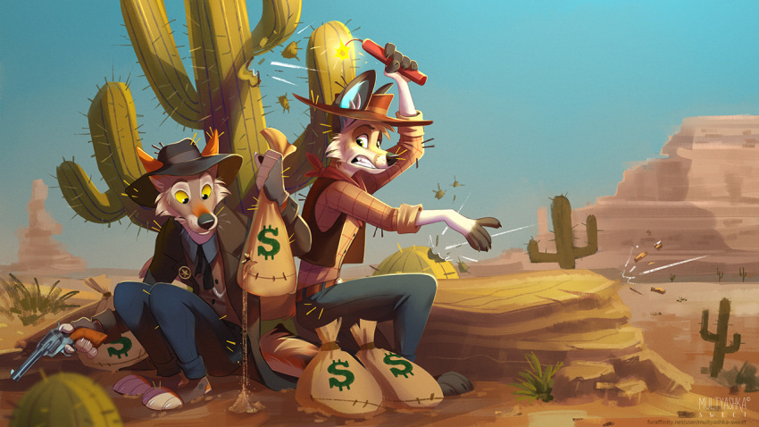 $ 16:9 4_toes anthro barefoot cactus canid canine canis claws coyote currency_symbol desert duo dynamite explosives feet fox gun handgun male mammal money_bag multyashka-sweet pistol plant plantigrade ranged_weapon revolver riko_(kilometers) symbol toes weapon widescreen