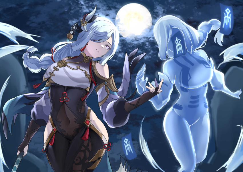 2girls black_gloves blue_eyes bodysuit braid breasts calamity_queller_(genshin_impact) clothing_cutout covered_navel elbow_gloves genshin_impact gloves hair_ornament hair_over_one_eye highres hip_vent large_breasts long_hair long_sleeves looking_to_the_side low-braided_long_hair low-tied_long_hair multiple_girls night night_sky partially_fingerless_gloves polearm puffy_long_sleeves puffy_sleeves shenhe_(genshin_impact) shoulder_cutout sky smile spear tabard talisman tassel thighs tian_kazuki very_long_hair weapon white_hair