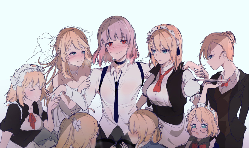 2girls :o aqua_eyes black_choker black_jacket black_pantyhose blonde_hair blue_eyes blue_necktie blush bow bowtie braid bridal_veil centaureissi_(neural_cloud) choker closed_eyes closed_mouth dress feet_out_of_frame french_braid g36_("sommelier")_(girls'_frontline) g36_(girls'_frontline) g36_(mini_maid)_(girls'_frontline) g36_(mod3)_(girls'_frontline) g36_(pure_white_cornflower)_(girls'_frontline) gentiane_(girls'_frontline) girls'_frontline girls'_frontline_neural_cloud hairbow harafrontline harem highres jacket long_hair long_sleeves looking_at_another looking_at_viewer maid maid_headdress medium_hair multiple_girls multiple_persona necktie official_alternate_costume open_mouth panties panties_under_pantyhose pantyhose pink_hair ponytail red_bow red_bowtie red_eyes red_necktie shirt short_sleeves smile standing sweatdrop underwear upper_body veil wedding_dress white_background white_dress white_panties white_shirt yuri