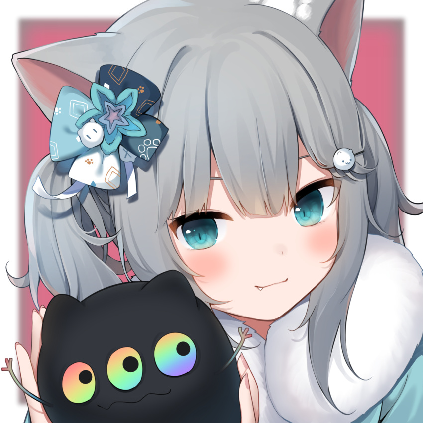 amashiro_natsuki animal_ears aqua_eyes bad_id bad_pixiv_id blue_eyes blush bow cat_ears cat_girl cat_hair_ornament closed_mouth commentary_request female fur_collar grey_hair hair_ornament highres holding long_hair looking_at_viewer multicolored_eyes nachoneko oerba_yun_fang original portrait rainbow_eyes smile two_side_up