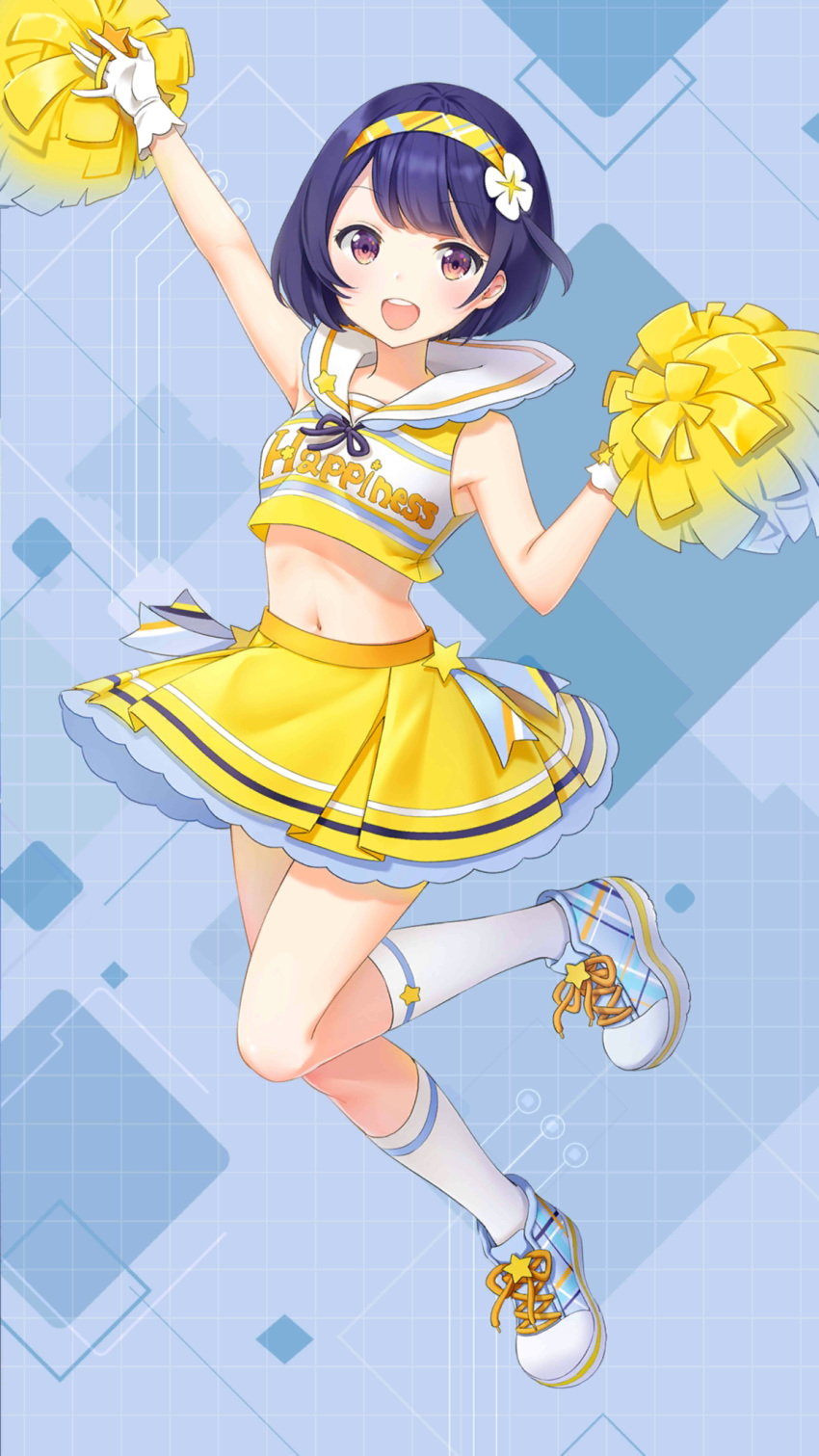 :d arm_up armpits bare_arms bare_shoulders blue_hair breasts cheerleader crop_top crop_top_overhang female full_body girl_cafe_gun gloves hairband hand_up highres holding holding_pom_poms iritoa kneehighs leg_up looking_at_viewer midriff miniskirt navel official_art open_mouth pom_pom_(cheerleading) purple_eyes sailor_collar shi_wuyou shirt shoes short_hair skirt sleeveless sleeveless_shirt small_breasts smile sneakers socks solo stomach thighs white_gloves white_socks yellow_skirt