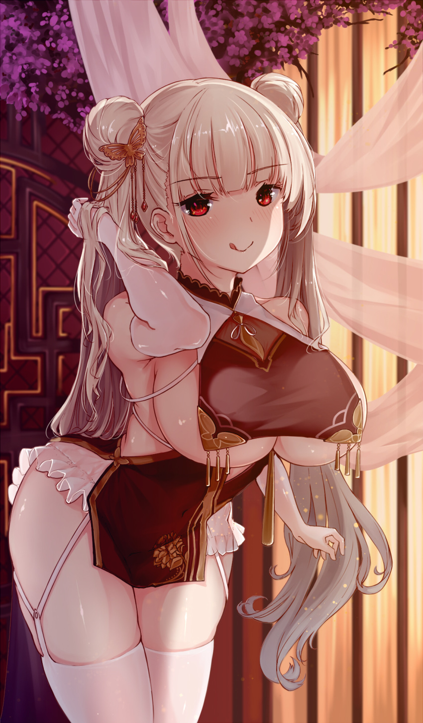 alternate_costume alternate_legwear arm_up azur_lane bare_shoulders bird black_dress blush breasts china_dress chinese_clothes cleavage commentary double_bun dress elbow_gloves female flower formidable_(azur_lane) gloves grey_hair hair_bun hair_ribbon highres huge_breasts long_hair looking_at_viewer purple_flower red_eyes rhineheim ribbon solo thighhighs thighs tongue tongue_out underboob very_long_hair white_gloves white_thighhighs