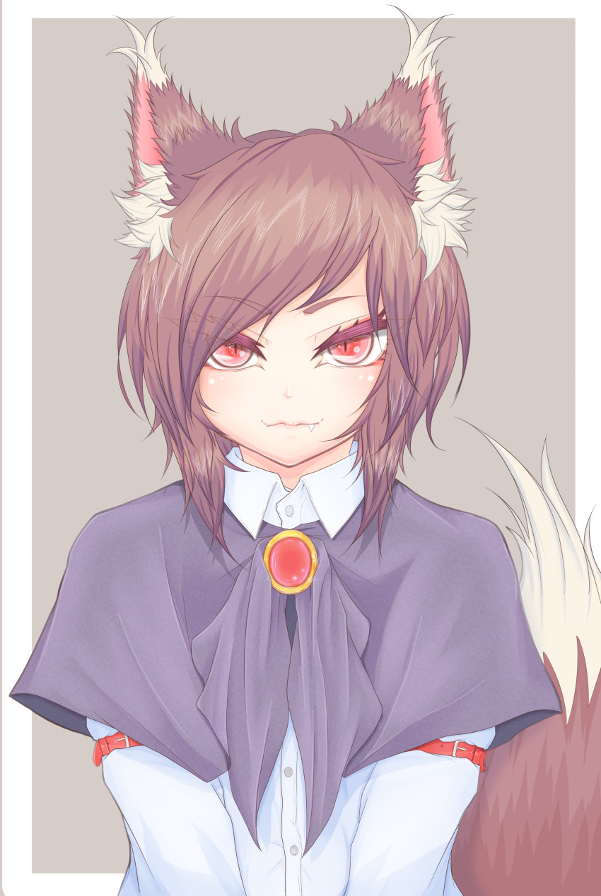 1boy absurdres alternate_hair_length alternate_hairstyle animal_ears black_capelet brooch brown_hair capelet cube85 genderswap_(ftm) highres imaizumi_kagerou jewelry looking_at_viewer male_focus oerba_yun_fang red_eyes rule_63 short_hair slit_pupils solo tail touhou wolf_ears wolf_tail