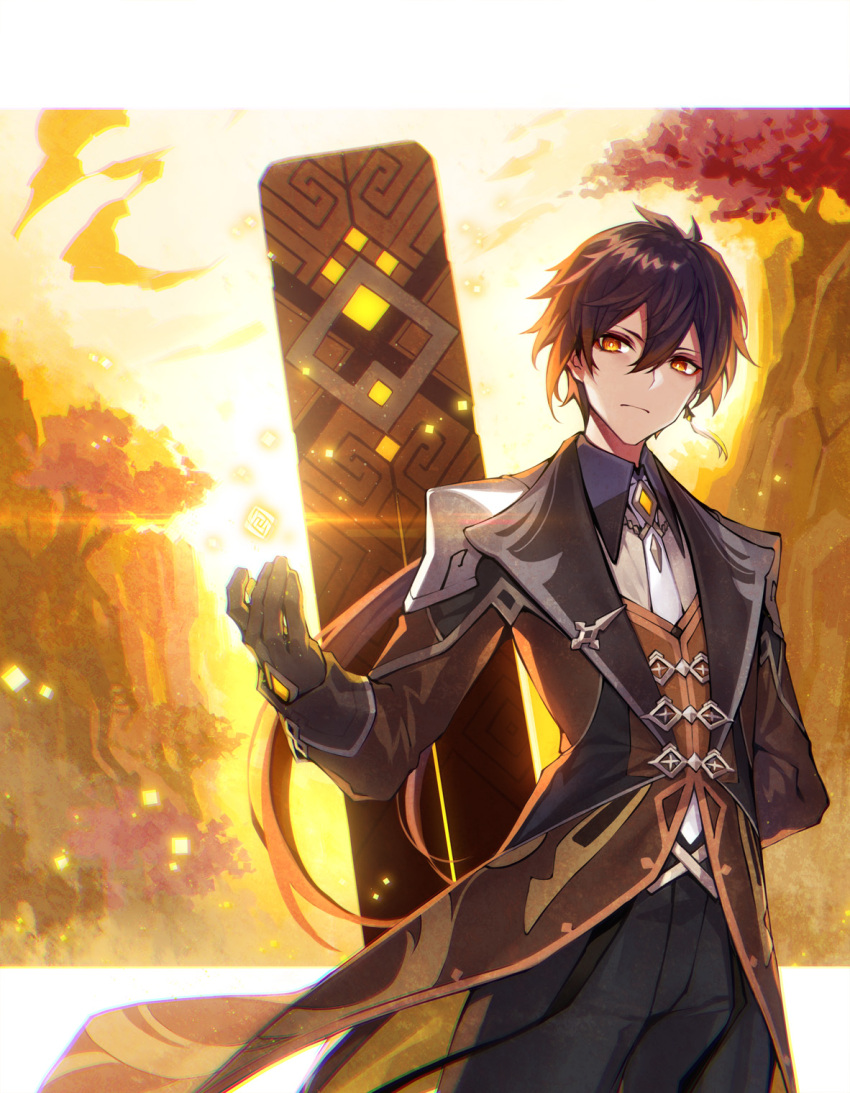 1boy arm_behind_back black_gloves blurry blurry_background brown_hair closed_mouth coattails collared_shirt commentary_request diamond-shaped_pupils diamond_(shape) earrings eyeliner eyeshadow formal genshin_impact gloves gradient_hair hair_between_eyes highres jacket jewelry kodama_yuu long_hair long_sleeves makeup male_focus multicolored_hair necktie orange_hair outdoors pants ponytail red_eyeshadow shirt single_earring solo stele suit symbol-shaped_pupils tassel tassel_earrings vest yellow_eyes zhongli_(genshin_impact)