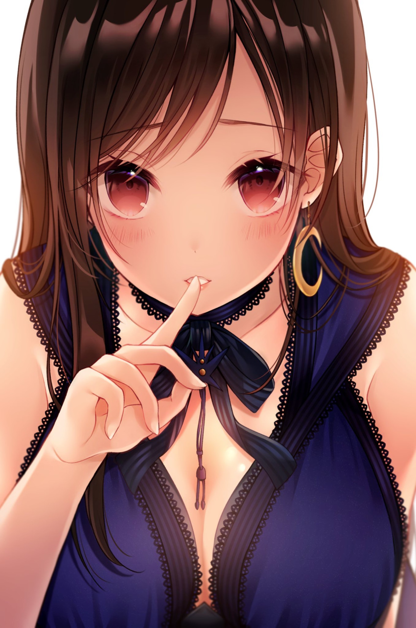 bad_id bad_yandere_id black_hair blush breasts cleavage close-up crescent crescent_earrings dress earrings female final_fantasy final_fantasy_vii final_fantasy_vii_remake finger_to_mouth hair_flowing_over highres jewelry kuro_namako lace_trim large_breasts long_hair looking_at_viewer lossy-lossless open_mouth red_eyes simple_background solo tifa_lockhart white_background