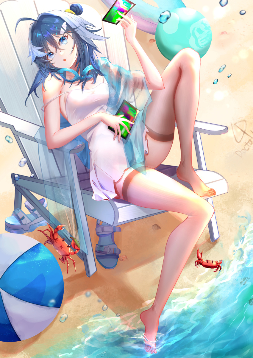 absurdres adapted_costume ahoge arknights ball beach_chair beachball black_hair breasts cleavage crab dress female goggles goggles_around_neck hair_between_eyes hair_intakes headhunting_permit_(arknights) highres holding la_pluma_(arknights) la_pluma_(summer_flowers)_(arknights) looking_at_viewer miramanul sandals sandals_removed short_hair sideboob sitting small_breasts smile solo spaghetti_strap strap_slip thighs water white_dress