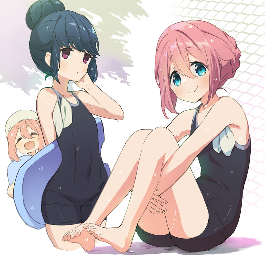 2girls :d ^_^ aqua_eyes arm_behind_back armpits bare_arms bare_legs barefoot black_one-piece_swimsuit blue_hair blush braid braided_bun breasts chain-link_fence closed_eyes closed_mouth collarbone competition_school_swimsuit covered_navel cowboy_shot cropped_legs feet fence flat_chest full_body gabu_(az210309) hair_between_eyes hair_bun hand_in_own_hair hand_on_own_cheek hand_on_own_face highres holding holding_kickboard hugging_own_legs kagamihara_nadeshiko kickboard knees_up legs looking_at_viewer multiple_girls multiple_views one-piece_swimsuit open_mouth parted_lips pink_hair purple_eyes school_swimsuit shima_rin short_eyebrows sidelocks single_hair_bun sitting small_breasts smile standing swim_cap swimsuit tree unworn_swim_cap wet wet_clothes wet_hair wet_swimsuit white_background white_headwear wide_hips yurucamp