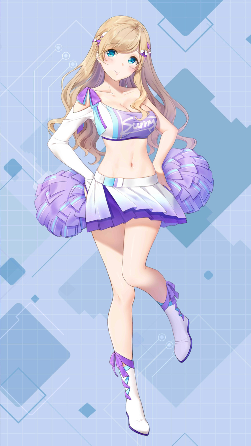 bare_shoulders blue_eyes boots breasts brown_hair cheerleader cleavage collarbone crop_top female full_body girl_cafe_gun grainne_draser_(girl_cafe_gun) hair_ribbon hands_on_own_hips highres holding holding_pom_poms kinako_(shiratama_mochi) large_breasts long_hair looking_at_viewer midriff miniskirt navel official_art pleated_skirt pom_pom_(cheerleading) ribbon shirt single-shoulder_shirt single_sleeve skirt solo stomach thighs wavy_hair white_footwear white_skirt