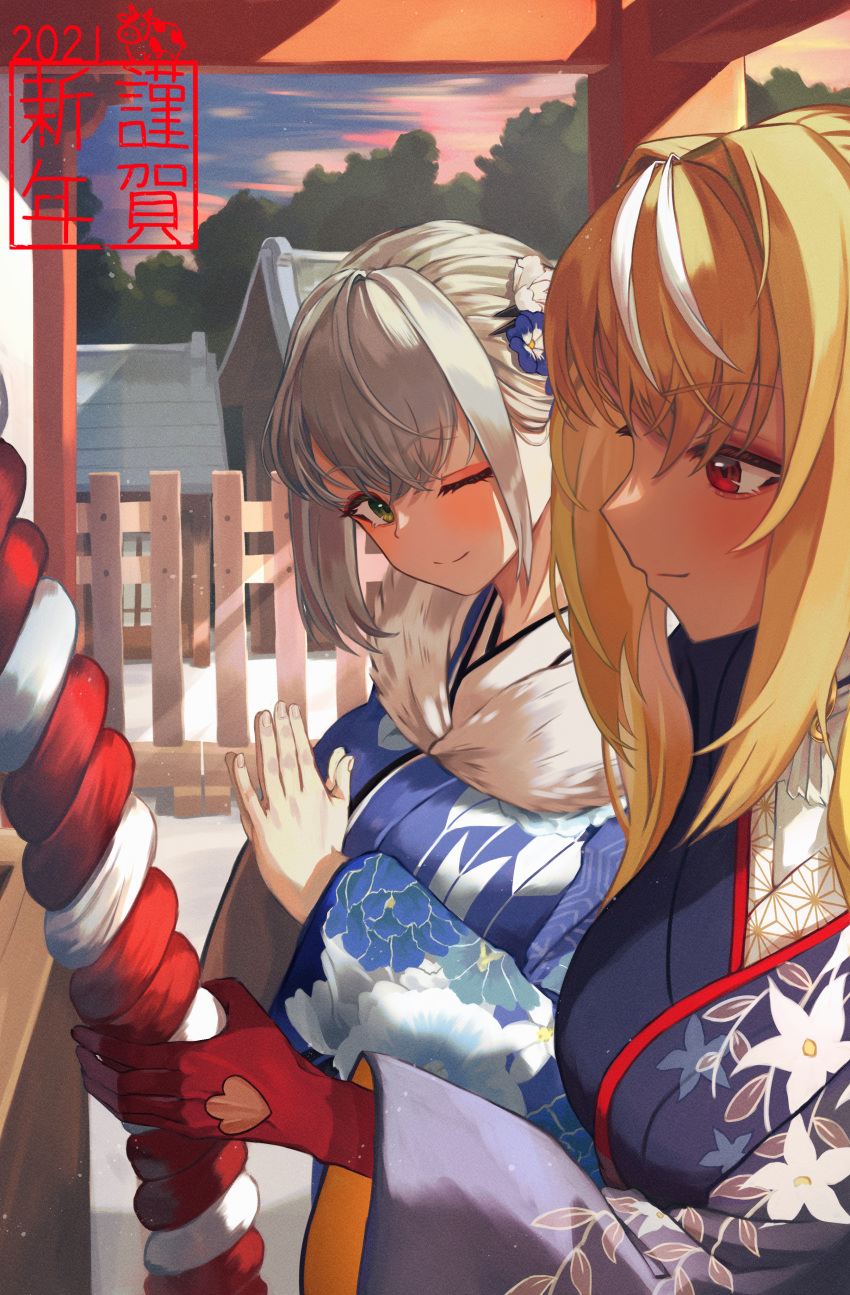 2girls absurdres blonde_hair blush closed_mouth floral_print gloves grey_hair half_gloves hatsumoude highres hololive japanese_clothes kimono long_hair looking_at_another multiple_girls new_year official_alternate_costume one_eye_closed praying red_gloves roco_(rocoroco1115) shiranui_flare shiranui_flare_(new_year) shirogane_noel shirogane_noel_(new_year) short_hair shrine virtual_youtuber