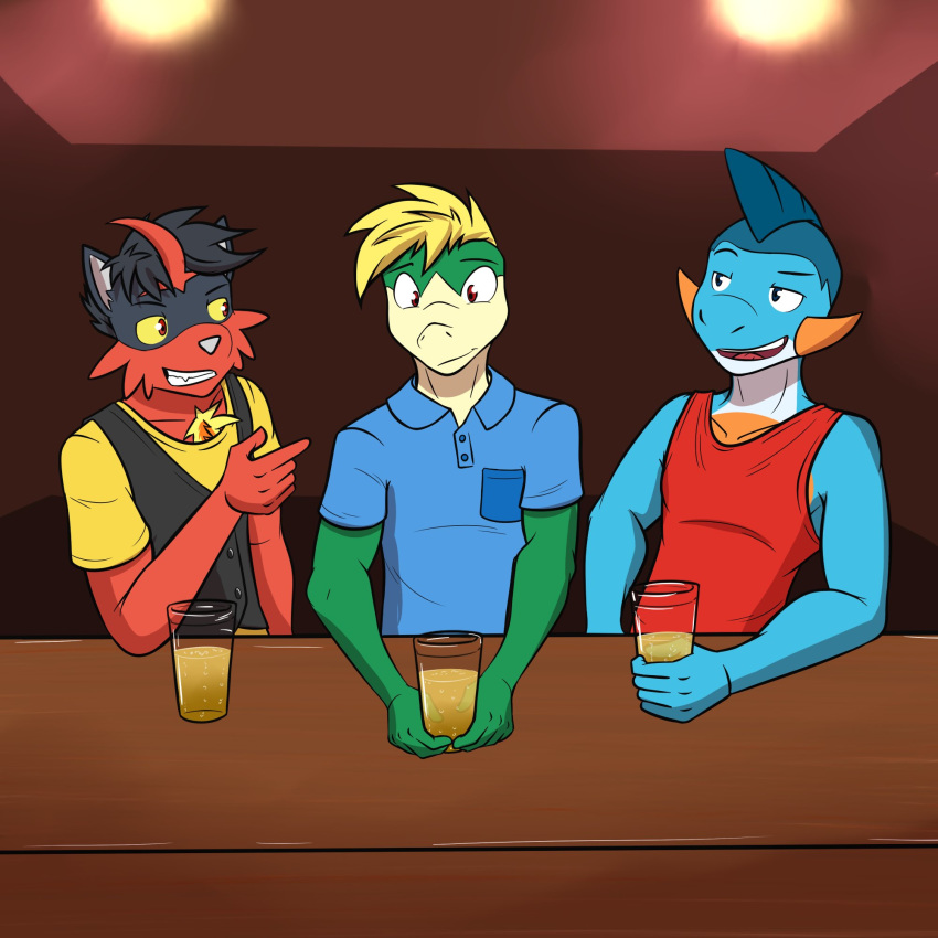 1:1 anthro anthrofied bar beverage clothed clothing flirting fully_clothed fuze gao_(fuze) generation_3_pokemon generation_5_pokemon generation_7_pokemon glass group hi_res lucas_(fuze) male male/male marshtomp nintendo pokemon pokemon_(species) polo_shirt servine shirt t-shirt tank_top topwear torracat vest