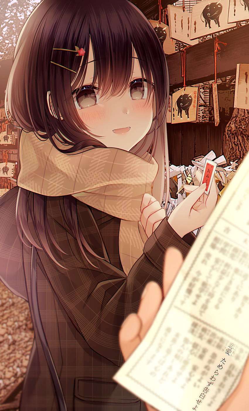 :d absurdres bad_id bad_pixiv_id blurry blurry_foreground blush brown_eyes brown_hair brown_scarf enpera female hair_between_eyes hair_ornament hairclip hatsumoude highres holding jacket kuro_namako long_hair long_sleeves looking_at_viewer new_year open_mouth original outdoors scarf shrine smile solo standing upper_body