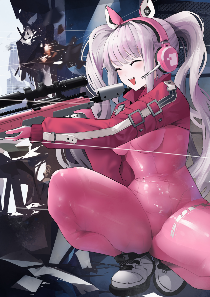 :d ^_^ absurdres alice_(nikke) animal_ear_headphones animal_ears blush bodysuit breasts closed_eyes clothes_writing dot_nose eyelashes fake_animal_ears female firing gloomyowl goddess_of_victory:_nikke gun hair_intakes happy_state headphones headset highres holding holding_gun holding_weapon impossible_bodysuit impossible_clothes jacket latex latex_bodysuit long_hair looking_at_viewer medium_breasts open_mouth pink_bodysuit pink_eyes pink_headphones red_jacket rifle shiny_clothes shrug_(clothing) skin_tight smile solo standing thighs twintails weapon white_background white_hair