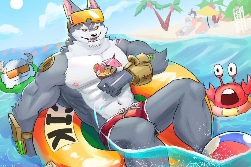 absurd_res anthro ball beach_ball beach_umbrella canid canine canis clothing eyewear glasses group hi_res humanoid inflatable kindred_(lol) lamb_(lol) league_of_legends male mammal muscular muscular_male nipples parasol pecs pool_party_renekton poro renekton riot_games scar smile tencent warwick_(lol) warwickislovely wolf wolf_(lol)