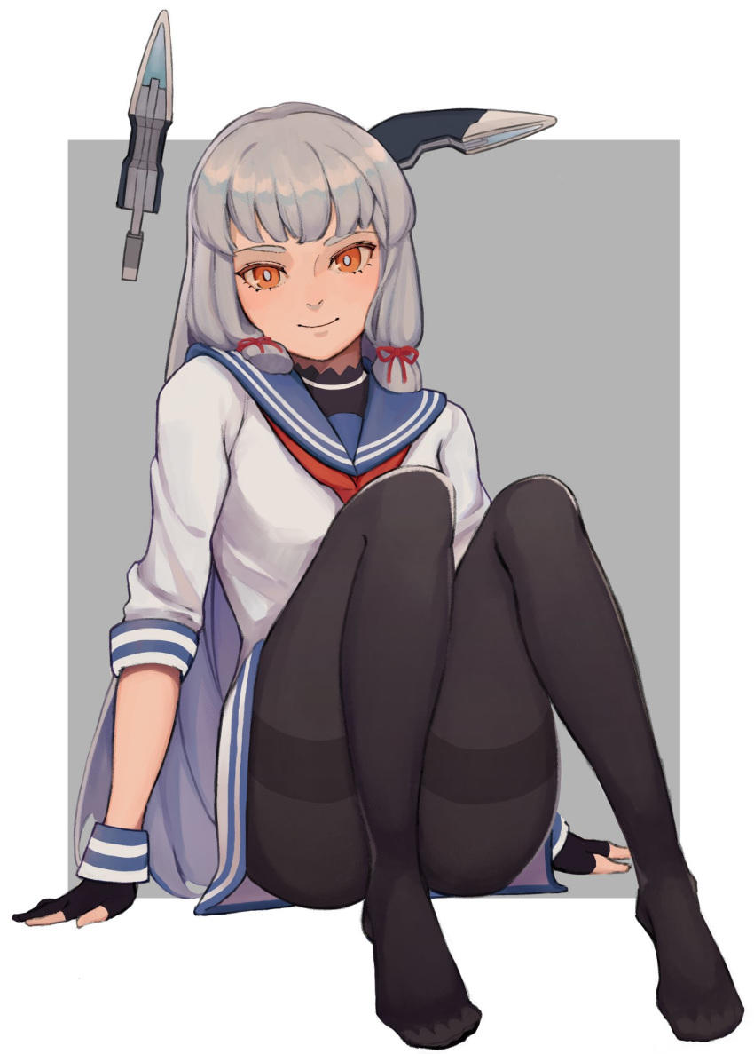 black_gloves black_pantyhose blue_sailor_collar blush dress female gloves grey_hair hair_ribbon headgear highres kantai_collection kkkhosuke long_hair murakumo_(kancolle) neckerchief no_shoes orange_eyes pantyhose partially_fingerless_gloves red_neckerchief ribbon sailor_collar sailor_dress simple_background sitting smile solo thighband_pantyhose tress_ribbon two-tone_background