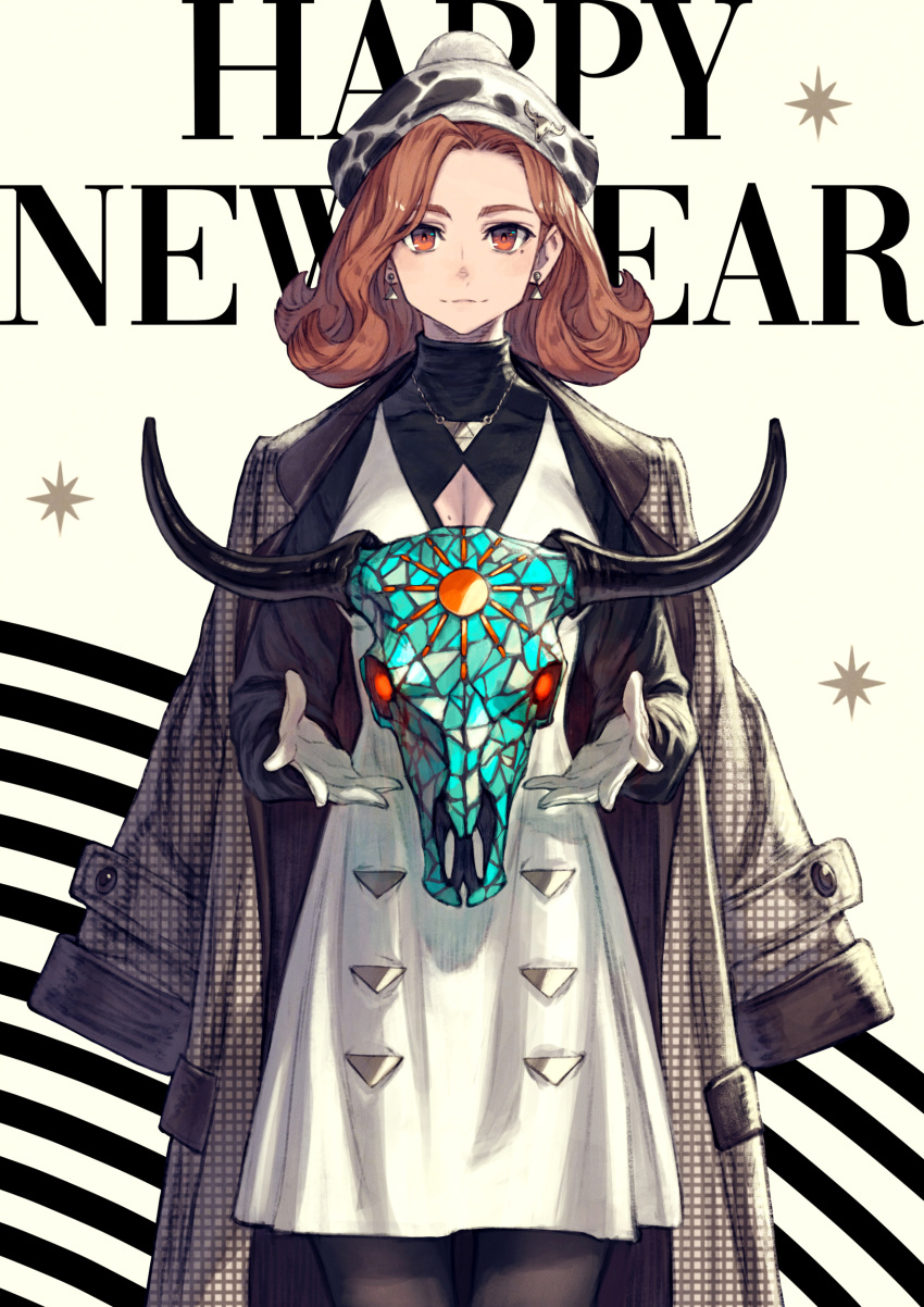 absurdres animal_print animal_skull breasts brown_eyes brown_hair chinese_zodiac cleavage cleavage_cutout closed_mouth clothing_cutout coat coat_on_shoulders cow_print dress earrings female floating floating_object gloves glowing glowing_eyes happy_new_year hat highres jewelry kusano_shinta looking_at_viewer medium_hair mole mole_on_breast necklace new_year open_hands original skull solo star_(symbol) turtleneck white_dress white_gloves year_of_the_ox