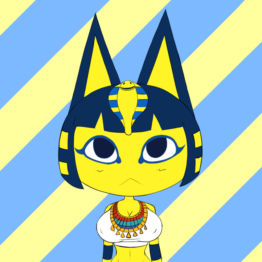 1:1 animal_crossing ankha_(animal_crossing) anthro big_breasts blue_hair breasts cleavage clothed clothing domestic_cat felid feline felis female hair hi_res looking_at_viewer mammal nintendo nipple_outline simple_background solo supermoonshroom uraeus yellow_body