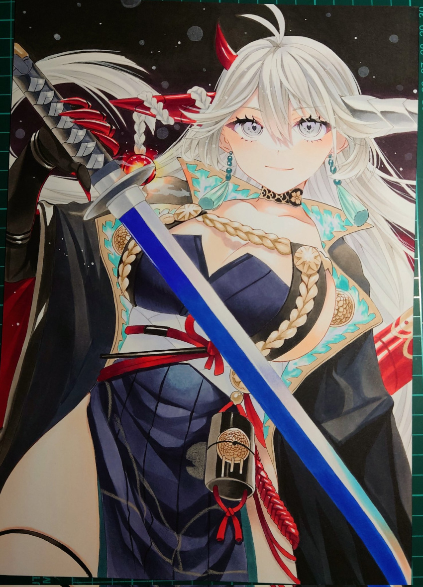 armor asymmetrical_horns azur_lane black_choker black_gloves breasts choker chrysanthemum cleavage earrings female flower gloves hair_between_eyes hair_on_horn hakuryuu_(azur_lane) highres holding holding_sword holding_weapon horns japanese_armor jewelry katana large_breasts long_hair long_sleeves looking_at_viewer marker_(medium) mimi_(mini1474) mismatched_horns multiple_horns pelvic_curtain red_horns solo sword traditional_media very_long_hair weapon white_eyes white_hair white_horns wide_sleeves