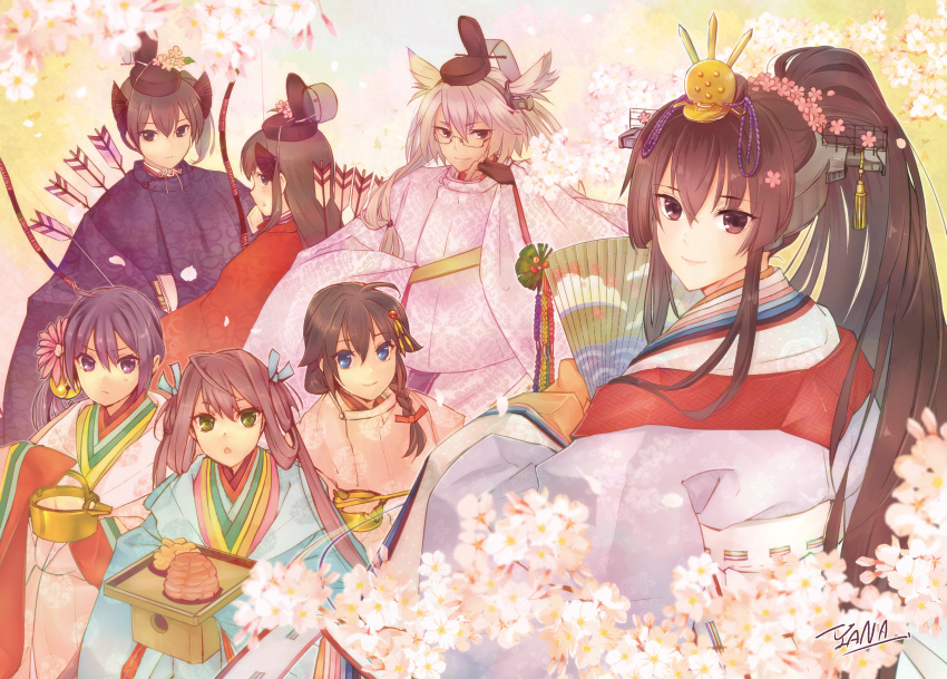 6+girls :o absurdres akagi_(kancolle) akebono_(kancolle) alternate_costume arrow_(projectile) asagumo_(kancolle) bell black_hair blue_eyes bow braid brown_eyes brown_hair cherry_blossoms commentary_request floral_background flower glasses green_eyes hair_bell hair_flaps hair_flower hair_ornament hair_ribbon hand_fan headgear highres hinamatsuri hirabitai japanese_clothes jingle_bell kaga_(kancolle) kantai_collection long_hair looking_at_viewer multiple_girls musashi_(kancolle) musashi_kai_ni_(kancolle) open_mouth paper_fan purple_eyes purple_hair revision ribbon saishi shigure_(kancolle) shigure_kai_ni_(kancolle) short_hair side_braid side_ponytail smile twintails white_hair yamato_(kancolle) yanami_(yanayana_company)