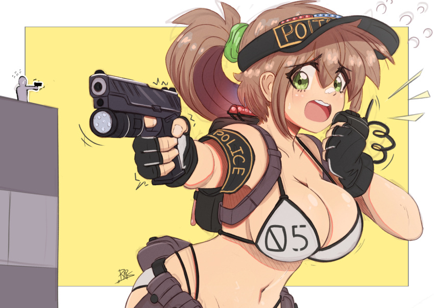 1boy armband backpack bag bikini black_gloves breasts brown_hair english_commentary female fingerless_gloves giant giantess gloves green_eyes green_scrunchie gun hair_ornament hair_scrunchie handgun holding holding_gun holding_weapon large_breasts long_hair navel open_mouth original police police_uniform policewoman ponytail radio raps_(yohomeboyraps) scrunchie size_difference solo_focus swimsuit uniform visor_cap walkie-talkie weapon white_bikini