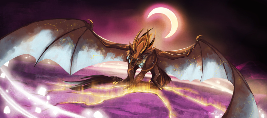 blue_eyes brown_body claws dragon earthquake european_mythology female hagalazka heart_symbol hi_res horn looking_at_viewer moon mythological_creature mythological_scalie mythology night scalie solo spread_wings star striped_body stripes tail western_dragon wings yellow_claws yellow_horn