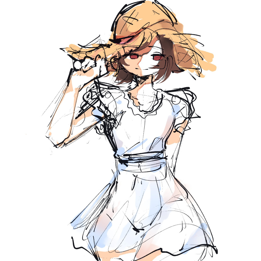 1boy brown_hair femboy feminine_male hand_behind_back hand_on_hat namesloo pretty_boy red_eyes see-through_clothing sketch smirk straw_hat sundress tea_(namesloo) thick_thighs voluptuous waist_belt