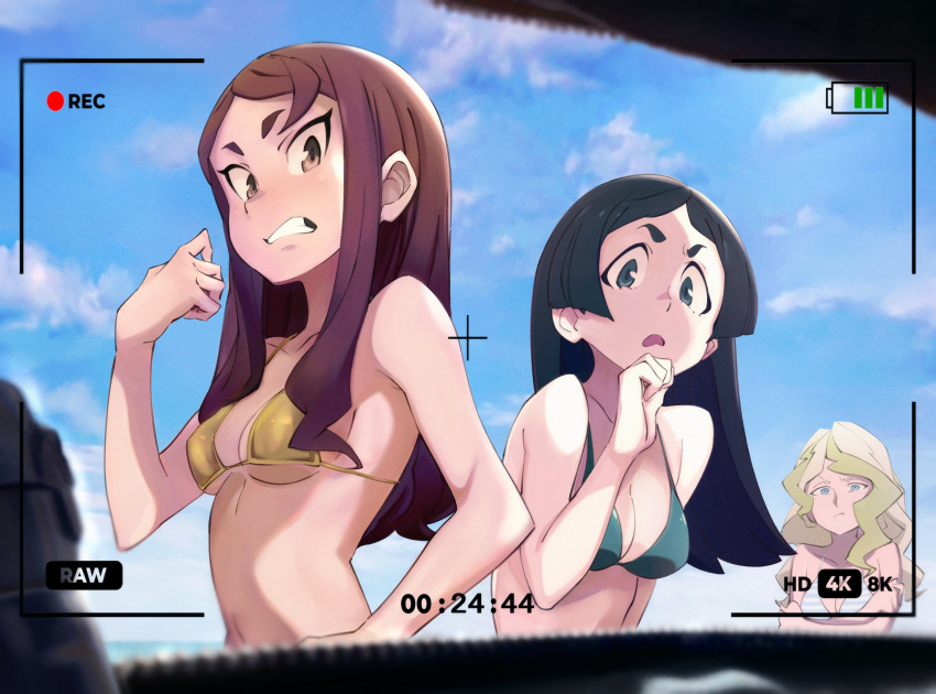 3girls 90millimetri aqua_bikini barbara_parker bare_shoulders bikini black_hair blonde_hair blue_bikini blue_eyes blunt_ends breasts brown_eyes brown_hair cleavage clenched_teeth closed_mouth cloud cloudy_sky collarbone commentary crossed_arms day diana_cavendish frown gold_bikini hand_on_own_face hand_on_own_hip hand_up hanna_england hidden_camera highres linea_alba little_witch_academia long_hair looking_at_viewer medium_breasts multicolored_bikini multicolored_clothes multiple_girls navel open_mouth outdoors parted_bangs protected_link short_eyebrows sideboob sidelocks single_sidelock sky straight_hair striped_bikini striped_clothes swimsuit symbol-only_commentary teeth thick_eyebrows tsurime underboob upper_body v-shaped_eyebrows viewfinder wavy_hair wavy_mouth white_bikini