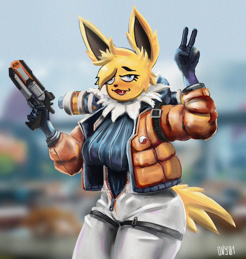 anthro apex_legends ass breasts clothed clothing ears_up eeveelution electronic_arts female generation_1_pokemon gun handgun hi_res jolteon jumpsuit nintendo ony01 pistol pokemon pokemon_(species) ranged_weapon respawn_entertainment science_fiction solo tail wattson_(apex_legends) weapon