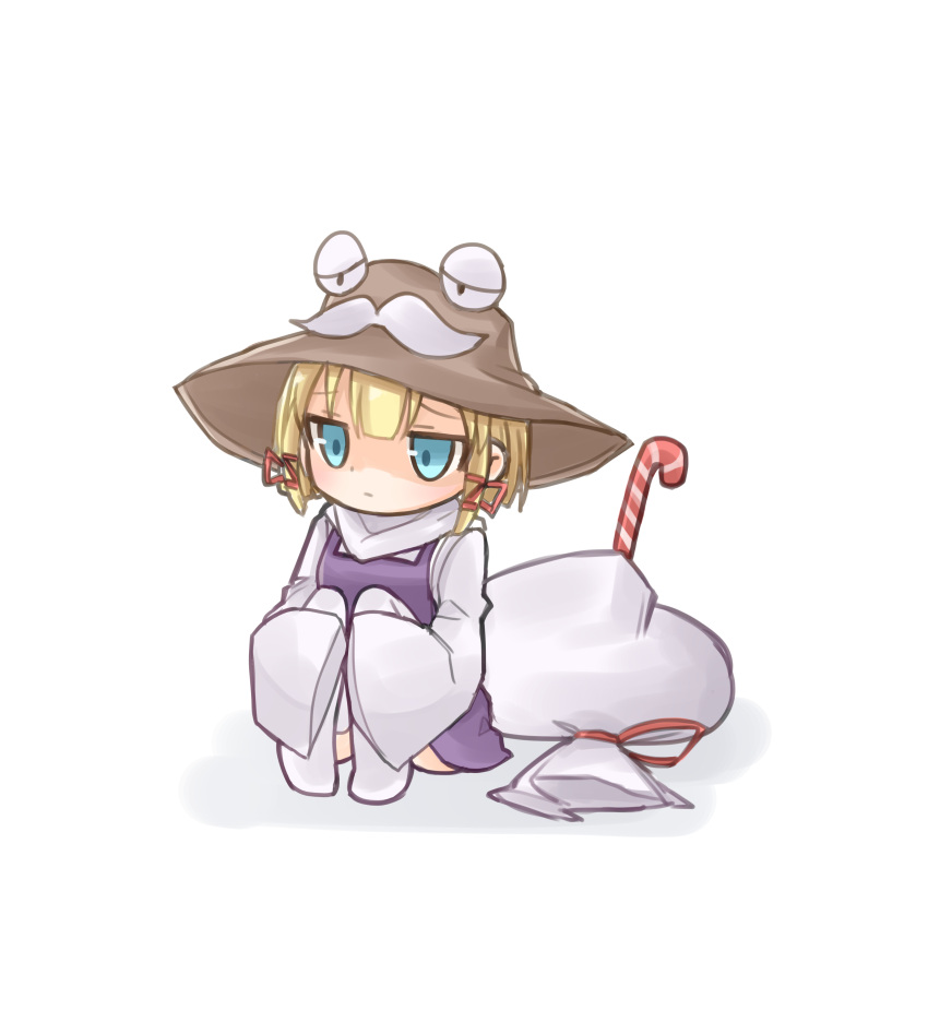 absurdres bag blonde_hair blue_eyes blunt_bangs candy candy_cane chibi commentary_request facial_hair female food hair_ribbon hat highres jitome knees_to_chest knees_up long_sleeves moriya_suwako moustache pyonta ribbon sad shiki_karin simple_background sleeves_past_fingers sleeves_past_wrists solo touhou vest white_background wide_sleeves