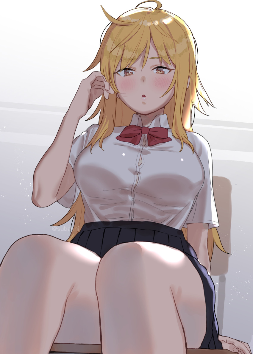 :o absurdres ahoge arm_support black_skirt blonde_hair blush bow breasts brown_eyes chair collared_shirt commentary_request dress_shirt female hair_between_eyes hand_up highres long_hair looking_at_viewer medium_breasts on_chair original parted_lips pleated_skirt red_bow school_chair school_uniform shirt short_sleeves sitting skirt solo subachi twitter_username very_long_hair white_shirt