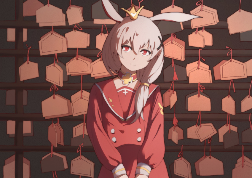 animal_ears closed_mouth crown female fox_ears hair_between_eyes hair_ornament hairpin highres honkai_(series) honkai_impact_3rd long_hair long_sleeves looking_at_viewer outdoors pink_eyes pink_hair school_uniform side_ponytail smile solo theresa_apocalypse theresa_apocalypse_(sakuno_rondo) yang_zheng_yu