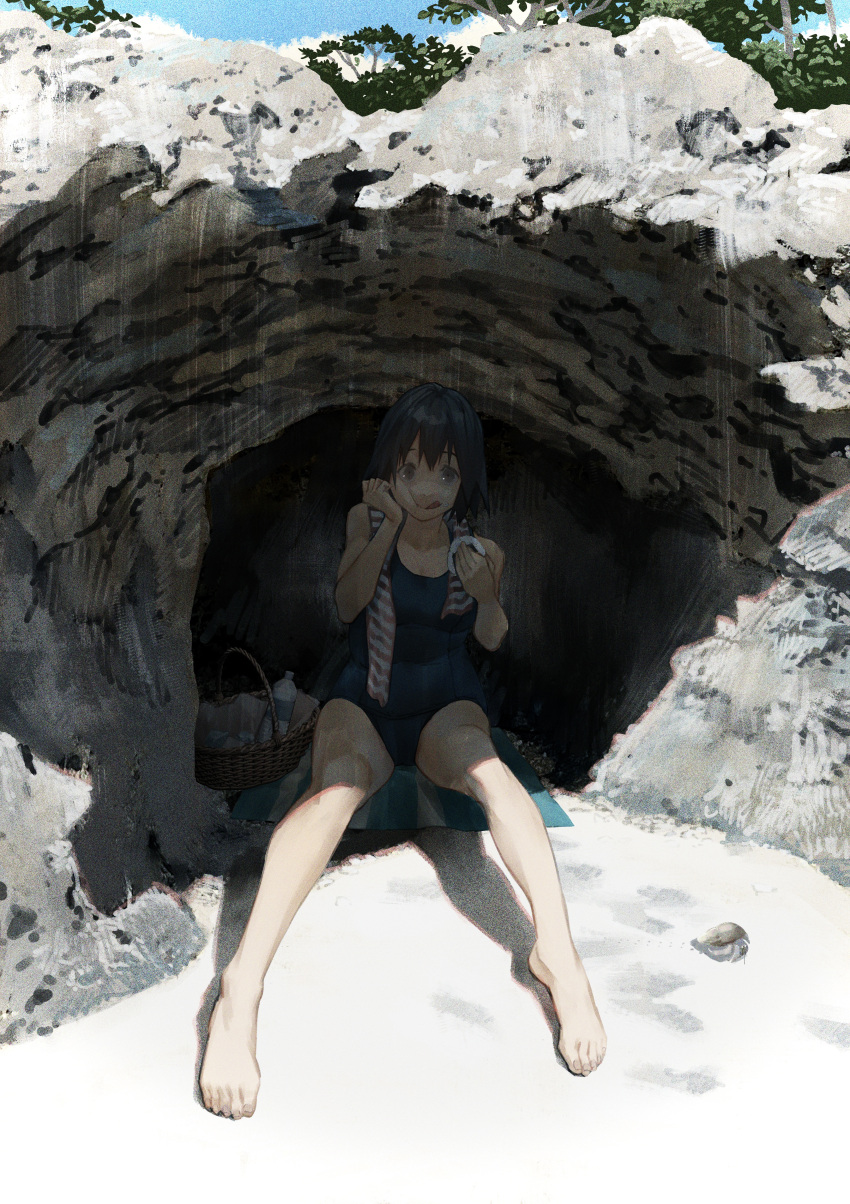 absurdres barefoot beach black_hair blue_one-piece_swimsuit bottle day eating feet female food food_on_face footprints grey_eyes highres holding holding_food legs looking_at_viewer matsuura_kento old_school_swimsuit one-piece_swimsuit onigiri original outdoors picnic_basket rice rice_on_face sand school_swimsuit seashell shadow shell short_hair sitting solo summer swimsuit toenails toes tongue tongue_out towel water_bottle