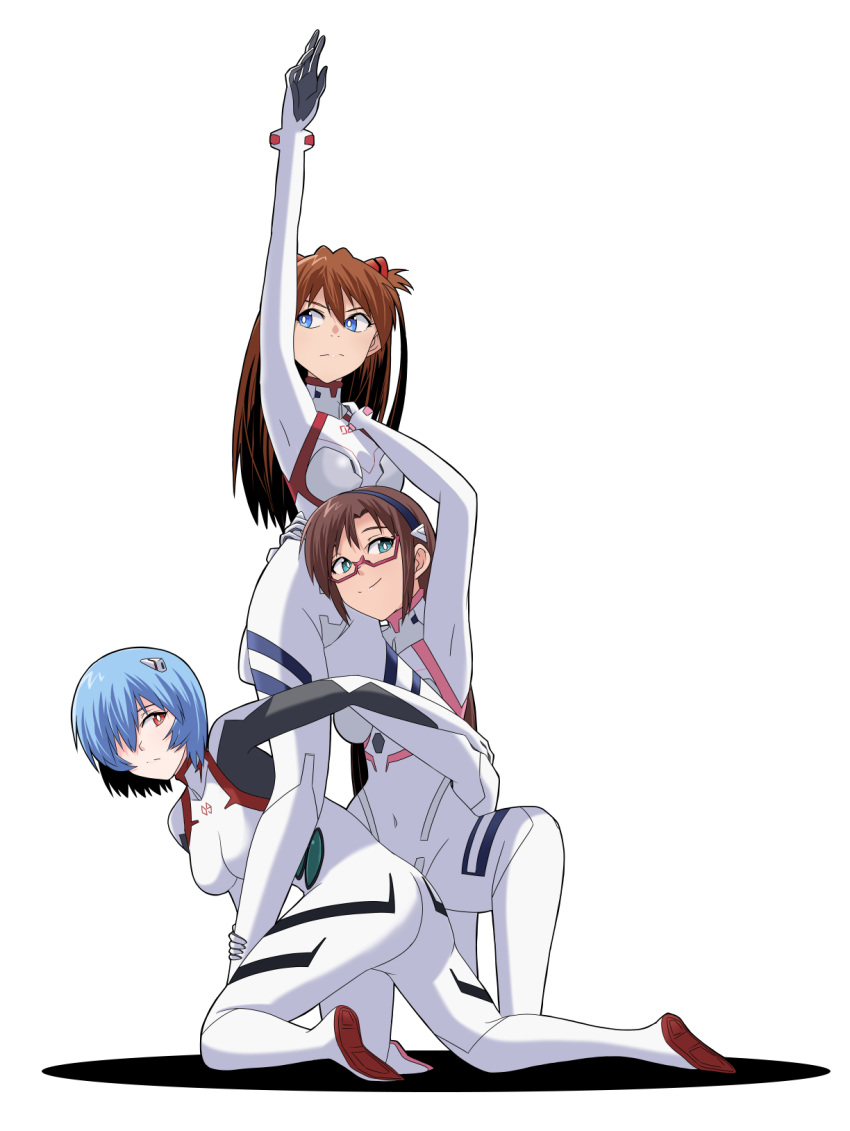 3girls arm_up ass ayanami_rei blue_eyes blue_hair bodysuit breasts bright_pupils brown_hair commentary covered_navel evangelion:_3.0+1.0_thrice_upon_a_time full_body glasses gundam gundam_narrative hair_between_eyes hair_ornament hair_over_one_eye hairband highres interface_headset kneeling long_hair makinami_mari_illustrious medium_breasts multiple_girls narrative_formation neon_genesis_evangelion official_alternate_costume parody pilot_suit plugsuit pose rebuild_of_evangelion red-framed_eyewear red_eyes sashimi_(sasihmi) science_fiction short_hair simple_background smile souryuu_asuka_langley standing twintails white_background white_bodysuit white_pupils