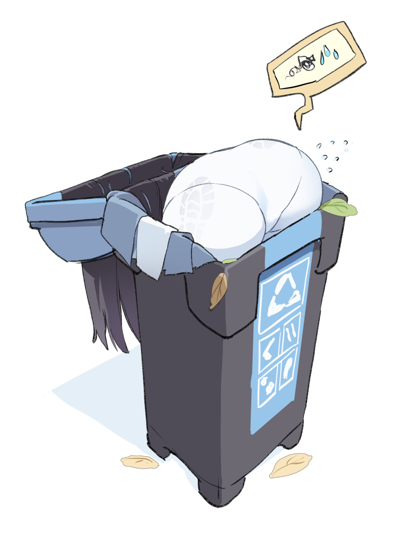 absurdres arrow_(symbol) ass black_hair blue_archive character_request commentary_request dorontabi flying_sweatdrops footprints highres leaf long_hair panties panties_under_pantyhose pantyhose recycle_bin recycling_symbol solo speech_bubble trapped trash_can underwear white_background white_panties