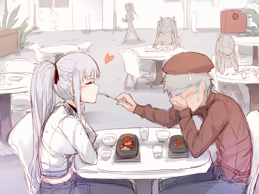 1boy 4girls ak-12_(girls'_frontline) beret braid chair closed_eyes commander_(girls'_frontline) commentary cup drink feeding food fork french_braid girls'_frontline grey_hair hair_ribbon hat heart highres holding holding_fork hourai_kochou long_hair looking_at_another multiple_girls ponytail red_headwear ribbon sharing_food sitting straight sweatdrop table