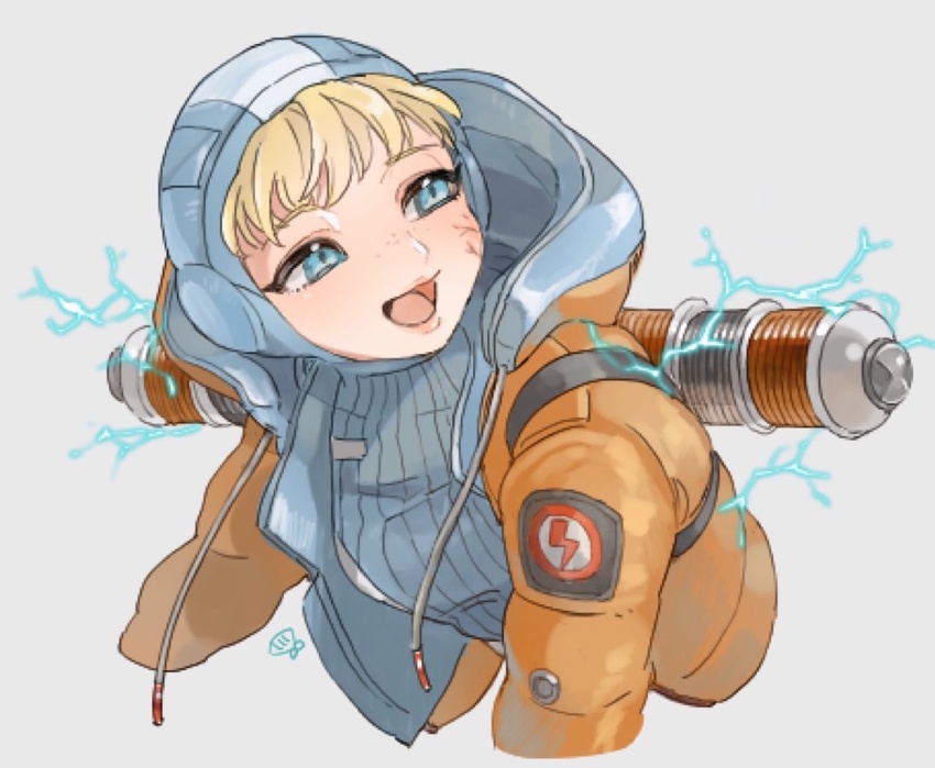 animification apex_legends blue_bodysuit blue_headwear blush bodysuit commentary electricity female freckles grey_background hood hooded_jacket jacket open_mouth orange_jacket ribbed_bodysuit scar scar_on_cheek scar_on_face shimijimi smile solo symbol-only_commentary upper_body wattson_(apex_legends)